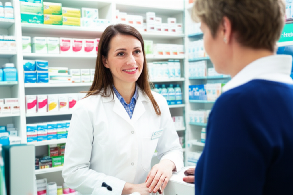 Pharmacist helping a customer at Alisha Pharmacy