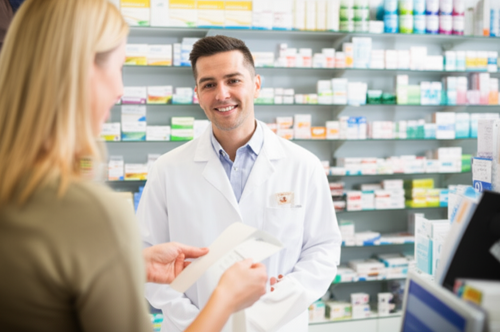 Smiling pharmacist at Alisha Pharmacy handing a prescription to a customer in the dispensary